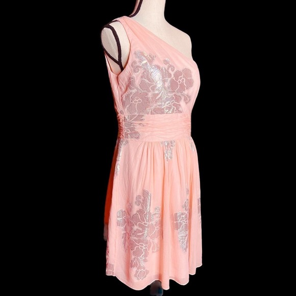 Eliza J Dresses & Skirts - Eliza J Peach Silk Silver Metallic One Shoulder Special Occassion Dress Size 10
